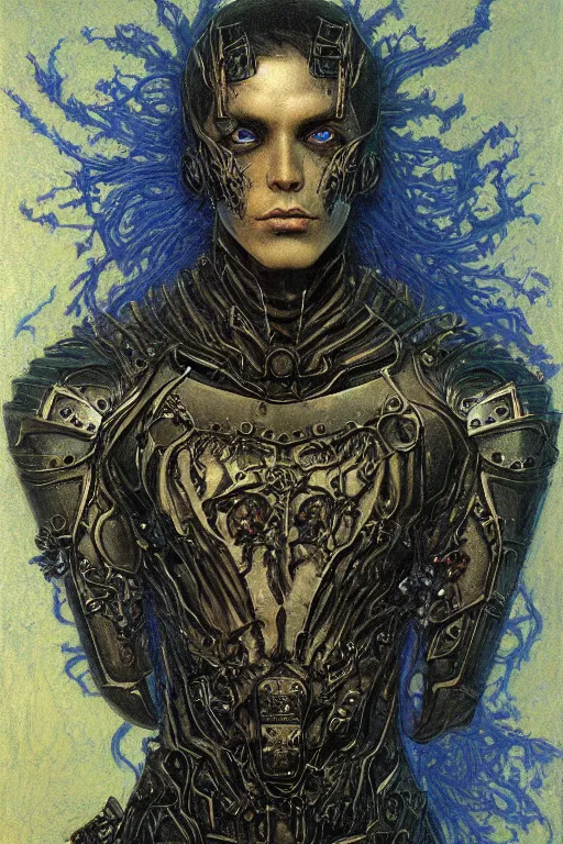 Image similar to portrait of beautiful gothic young man, warhammer, cyber armor, a lot of scars, more and more flowers, blue head, the middle ages, highly detailed, artstation, illustration, art by jean delville, 8 k quality, otherworldly, andre le notre, psychedelic