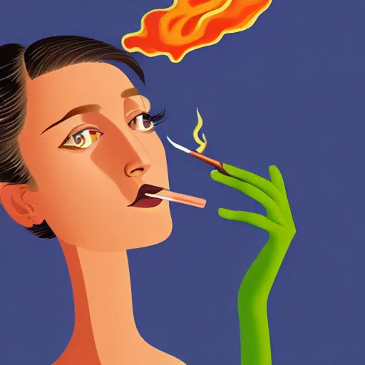 Prompt: portrait of a working young australian woman with a one paper joint alight smoking after a hard days work ; cannabis. octane 4 k render natural skin tones, by eyvind earle, australian illustration