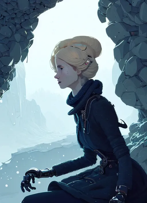 Image similar to highly detailed portrait of a hopeful frostpunk long blonde hair lady with robotic limbs, stray wiring by atey ghailan, james gilleard, by joe fenton, by greg rutkowski, by greg tocchini, by kaethe butcher, 4 k resolution, gradient blue, black and white color scheme!!! ( ( glacier cave background ) )