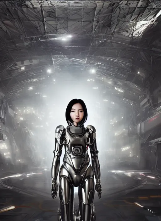 Image similar to a young attractive beautiful Asian woman wearing mecha armor inside a sci-fi hangar, dramatic pose, chrome, glowing LEDs, wires and cables, highly detailed, photorealistic, volumetric lighting, digital art, octane render, in the style of Artgerm and Tom Bagshaw