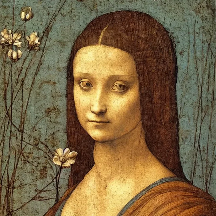 Image similar to a portrait of a woman painted by leonardo da vinci. the woman in the painting is shown seated with her hands folded in her lap. she is wearing a simple dress with a pattern of flowers. her hair is pulled back from her face and she has a small, faint smile. the background of the painting is a landscape of rolling hills and mountains.