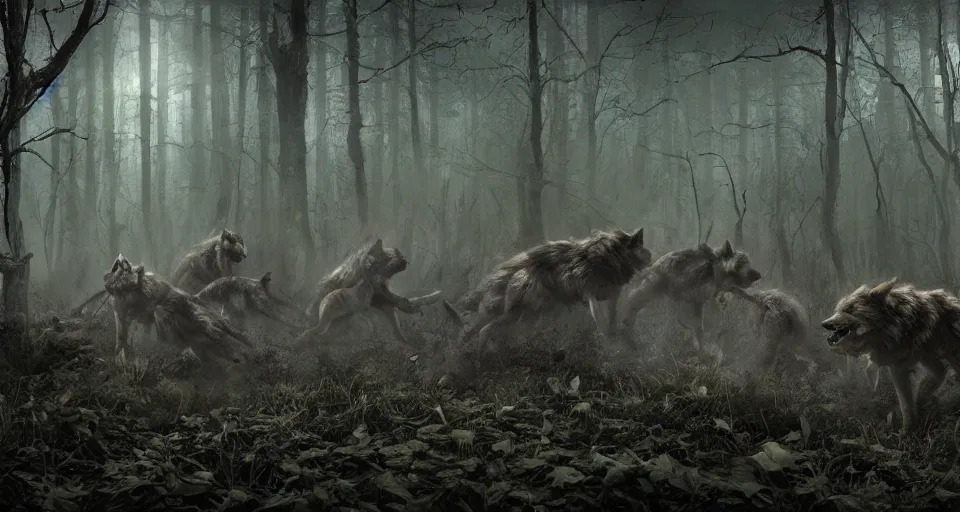 Image similar to an epic action concept masterpiece of a rabid wolfpack, in a forest made of nightmares, inspired by sd ai. horrific digital art, extremely moody lighting