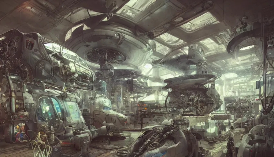 Prompt: the inside of a futuristic mechanic spaceshop coc, highly detailed interior, half - finished robot, holographic screen in center frame by peter mohrbacher, dieselpunk, firefly, cryengine render, hyper realism, realistic shading, cinematic composition, realistic render, octane render, detailed textures, photorealistic, wide shot, fanciful, colorful