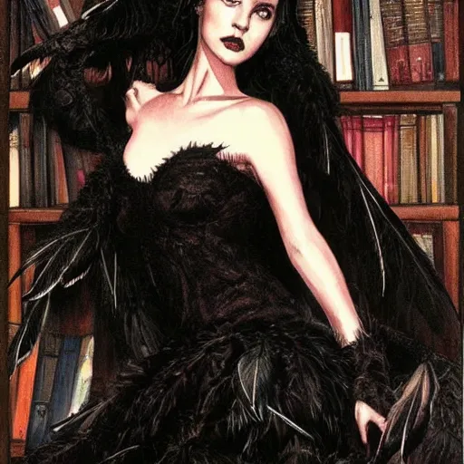 Prompt: young jennifer connelly as innocent sad gothic beauty with black feathers instead of hair, black hands tipped with black claws, feathers growing out of skin, black cloak, in opulent library, romantic, comic book cover, vivid, beautiful, dreamy, illustration, highly detailed, rough paper, dark, oil painting