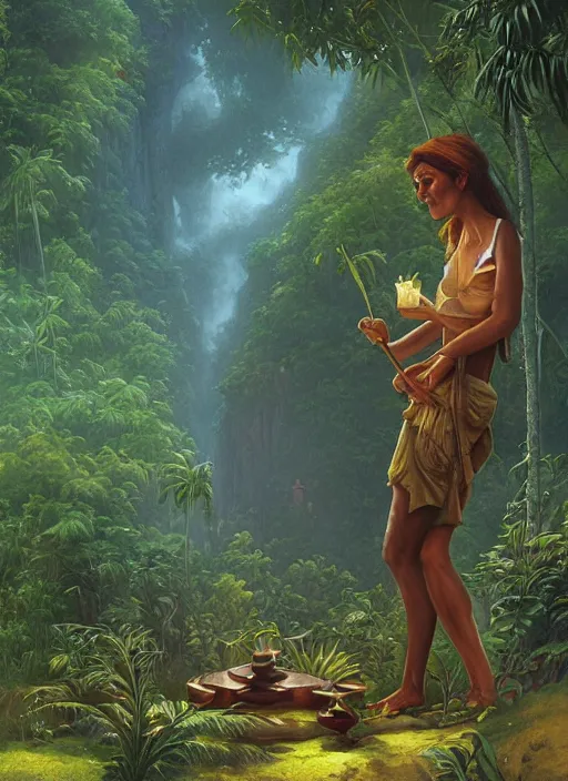 Image similar to a female herbalist in the jungle, art by christophe vacher