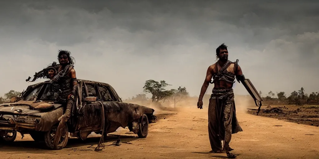 Image similar to sri lankan mad max style, film still, epic shot cinematography, rule of thirds