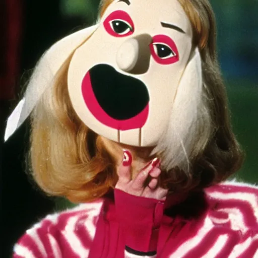 Image similar to 1970 woman on tv show with a long prosthetic snout nose, big nostrils, wearing stripes in the park 1970 color archival footage color film 16mmwith hand puppet Fellini Almodovar John Waters Russ Meyer Doris Wishman