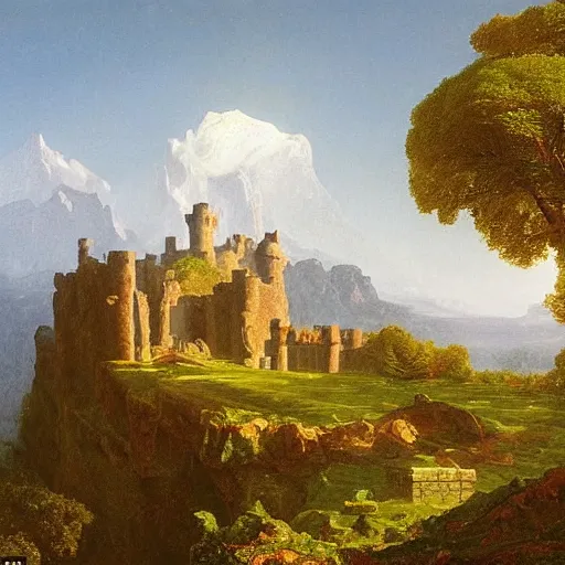 Image similar to A large, sprawling stone castle carved out of the side of a mountain, overlooking a distant magical tree in the meadow, by Thomas Cole and Albert Bierstadt