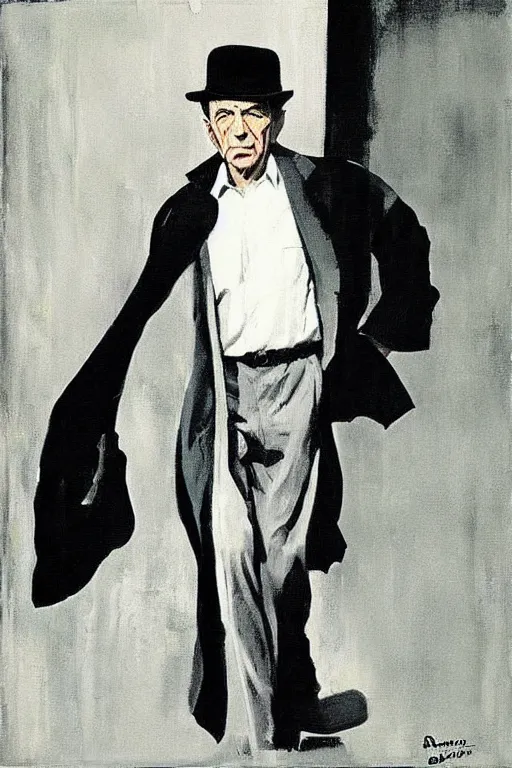 Prompt: “painting of leonard cohen as 1940s private eye, in trench coat and hat, noir atmosphere, by Robert McGinnis”