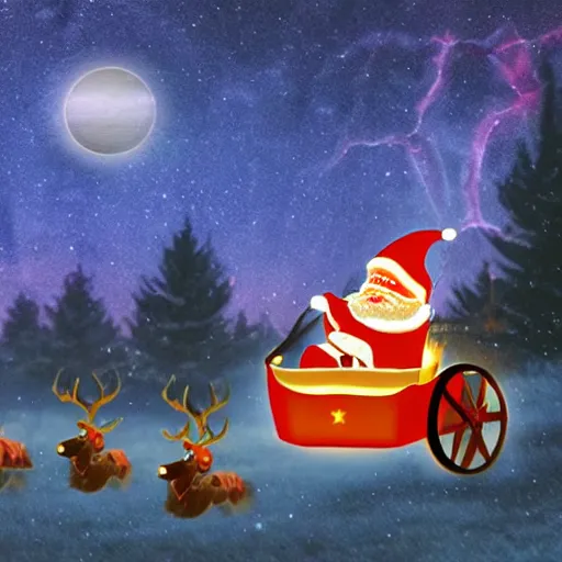 Image similar to evil santa claus rides his fiery chariot through the night sky being led by demonic reindeer