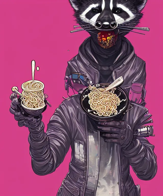 Image similar to a portrait of an anthropomorphic cyberpunk raccoon eating ramen, cyberpunk!, fantasy, elegant, digital painting, artstation, concept art, matte, sharp focus, illustration, art by josan gonzalez