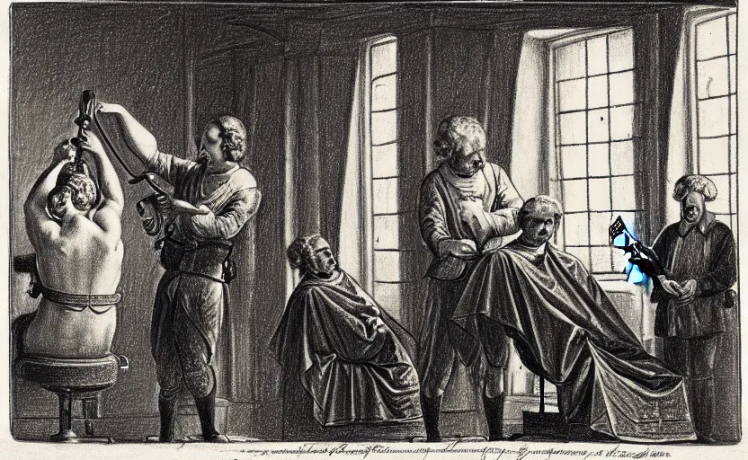 Prompt: a drawing of a man getting a haircut by friedrich schroder - sonnenstern h 8 0 0