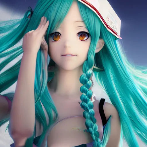 Prompt: render of a full body portrait as a very beautiful 3d anime girl Hatsune miku, long braided teal hair, hazel eyes, revealing outfit, full round face, short smile, cinematic lightning, medium shot, mid-shot, highly detailed, trending on Artstation, Unreal Engine 4k, cinematic wallpaper, by Gil Elvgren, Earl Moran, Enoch Bolles, Lois van baarle,