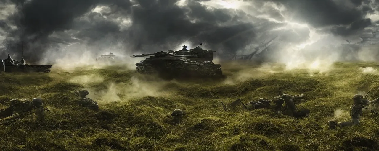 Prompt: natural looking fight landscape of ww 1 trenches, with green gas spreading across land, soldiers are attacking fighting with aliens, futuristic tank is on fire, ground explosion in the background, alien mothership in the sky, hyper realistic, highly detailed, dramatic lighting, raytarced, god rays, 4 k, 8 k, matte painting