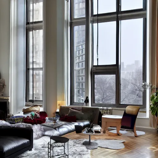 Prompt: overlooking central park in a blizzard from a modern loft, woman gazing outward, warm interiors, cold snow outside, large glass windows, fire place roaring, bear rug, art on walls