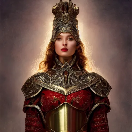 Image similar to portrait of gorgeous russian woman in armor, dramatic lighting, silver gold red details, filigree, intricate details, cinematic, elegant, octane render, art nouveau, 8k post-processing, intricate art by John Collier and Albert Aublet and Krenz Cushart and Artem Demura and Alphonse Mucha,