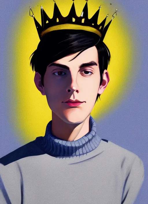 Image similar to portrait of teenage jughead jones wearing a light grey crown, crown, blue turtleneck, 1 9 5 0 s, closed eyes, photorealistic, black hair, glowing lighting, intricate, elegant, glowing lights, highly detailed, digital painting, artstation, concept art, smooth, sharp focus, illustration, art by wlop, mars ravelo and greg rutkowski