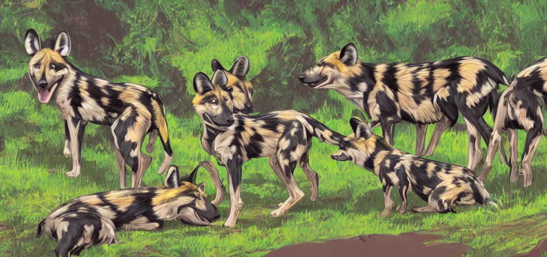 Prompt: pack of african wild dogs near a watering hole, painted by studio ghibli with psychedelic colors