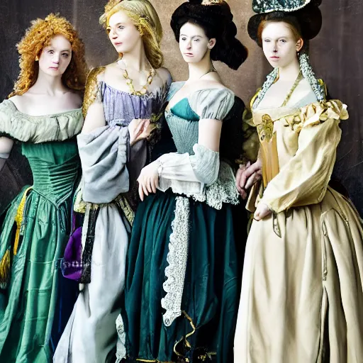 Image similar to group of Young ladies full length shot wearing renaissance dresses in the style of baroque manga realism 8K, background chaotic