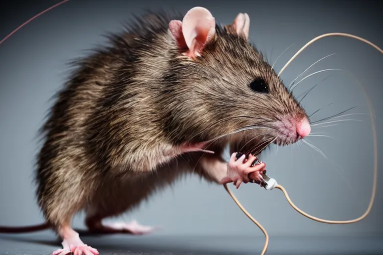 Image similar to photo, furry antropomorphic rat - woman with human face eats thick internet cable! highly detailed, intricate details