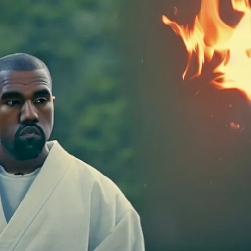 Image similar to cinematic film still of Kanye West starring as a Japanese Sensei with fire, Japanese CGI, VFX, 2003, 40mm lens, shallow depth of field, film photography