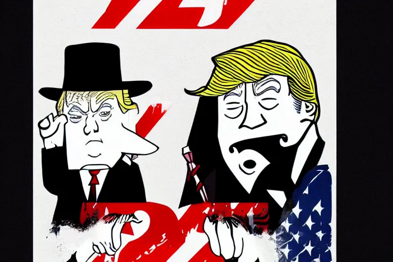 Image similar to 2 d poster illlustration donald trump and donald trump wearing trenchcoats and black spy hats for the movie spy vs spy