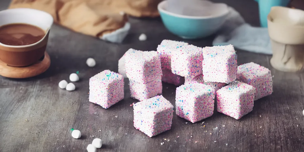 Prompt: photograph of a marshmallow cubes with sprinkles and on a dark wooden chopping board, pastel colours, hessian cloth, styled food photography, photorealistic, 4 k, coffee, chocolate, hdr, 8 k