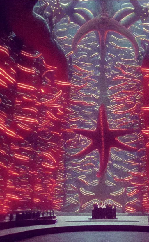 Image similar to light coming out of one starfish - like kaiju anthropomorphic monster, korean film noir by kim jong - il, korean traditional palace, pyongyang city, 1 9 6 0 s, red color bleed, 4 k, video compression, video glitch, monochrome, akira kurosawa, mamoru oshii, wes anderson, stanley kubrick