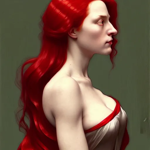 Image similar to long red hair aristocrat, bust portrait, gentle, solemn face, cloth, female, city landscape, d & d, fantasy, intricate, elegant, digital painting, red green color palette, artstation, octane render, concept art, matte, sharp focus, illustration, herrarthstone, art by artgerm and greg rutkowski and alphonse mucha