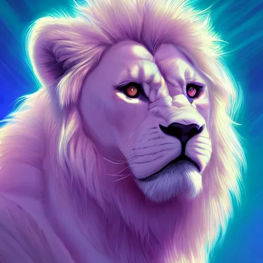 Image similar to aesthetic portrait commission of a albino male furry anthro lion wearing vaporwave chequered clothing at windows xp bliss wallpaper. Character design by charlie bowater, ross tran, artgerm, and makoto shinkai, detailed, inked, western comic book art, 2021 award winning painting