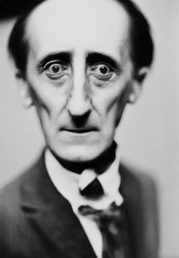 Image similar to a close - up casual photo of marcel duchamp with playful eyes, 1 9 2 0 s monochrome snapshot, graflex 4 x 5, f 1. 8, 3 5 mm, ilford delta 3 2 0 0 pro