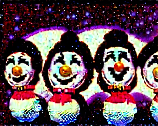 Image similar to 8 0's christmas special, featuring frosty the snowman, the band kiss, and the harlem globe trotters, frame from vhs tape