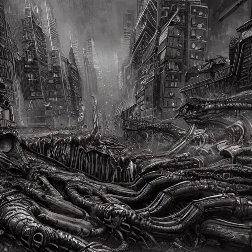 Prompt: Aliens invading a city by Keith Thompson, eerie, horror, scary, ominous, 8k, highly detailed