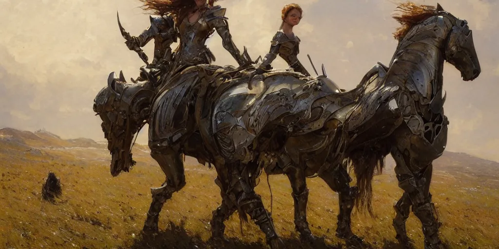 Prompt: portrait of girl medieval armor and one metal horse landscape of meadow poses by gaston bussiere, anna nikonova aka newmilky, greg rutkowski, yoji shinkawa, yoshitaka amano,, donato giancola, geoffroy thoorens, concept art, trending on artstation, featured on pixiv, cinematic composition, 8 k