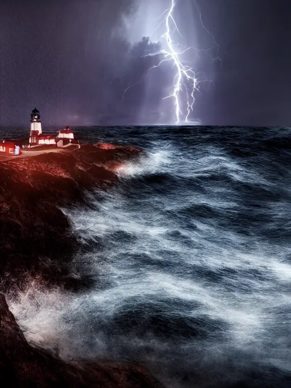 Image similar to photo of 8k ultra realistic lighthouse on island, heavy rain, ,lightning storm, boat lights in distance, night, light shining, heavy seas, full of colour, cinematic lighting, battered, trending on artstation, 4k, hyperrealistic, focused, extreme details,unreal engine 5, cinematic, masterpiece, art by Alena Aenami