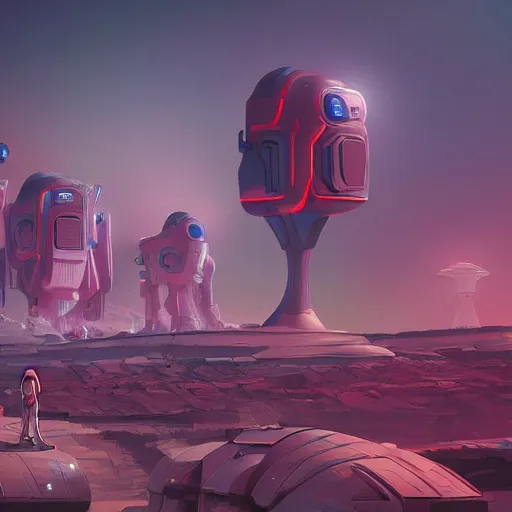 Image similar to futuristic colony on mars with alien and robot pedestrians walking in between giant buildings in the style of petros afshar, cg society, trending on artstation,