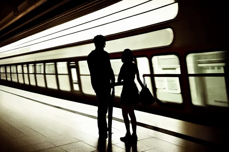 Image similar to vfx movie couple in a train station flat color profile low - key lighting award winning photography cinematography atmospheric cool color - grade