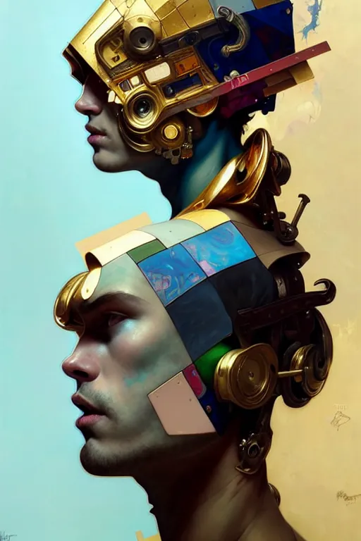 Prompt: portrait, patchwork boy, cyberpunk, elegant baroque, expressive, asymmetrical art, hyperrealism, colorful, vivid, imposing, epic, abstract texture, gold leaf texture, artstation, concept art, by peter mohrbacher and wlop and rhads and artgerm and magali villeneuve and alphonse mucha