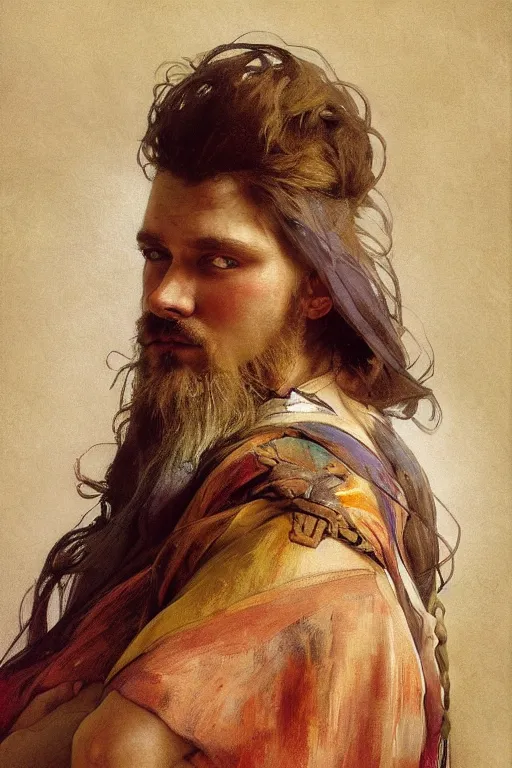 Prompt: mixing secondary colors with oil paint by alfons maria mucha, sophisticated, photoreal, symmetrical portrait, pudgy, upturned nose, clear facial features, character concept art, cinematic, rembrandt lighting, fierce, celtic viking, mood lighting, real skin, subsurface scattering light