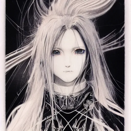 Image similar to yoshitaka amano realistic illustration of an anime girl with black eyes, wavy white hair fluttering in the wind and cracks on her face wearing elden ring armour with engraving, abstract black and white patterns on the background, noisy film grain effect, highly detailed, renaissance oil painting, weird portrait angle, blurred and dreamy polaroid photo, three quarter view