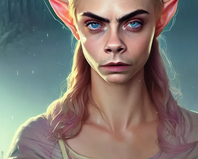 Image similar to highly detailed portrait of cara delevingne as a bald elf, in gta v, stephen bliss, unreal engine, fantasy art by greg rutkowski, loish, rhads, ferdinand knab, makoto shinkai and lois van baarle, ilya kuvshinov, rossdraws, tom bagshaw, global illumination, radiant light, detailed and intricate environment