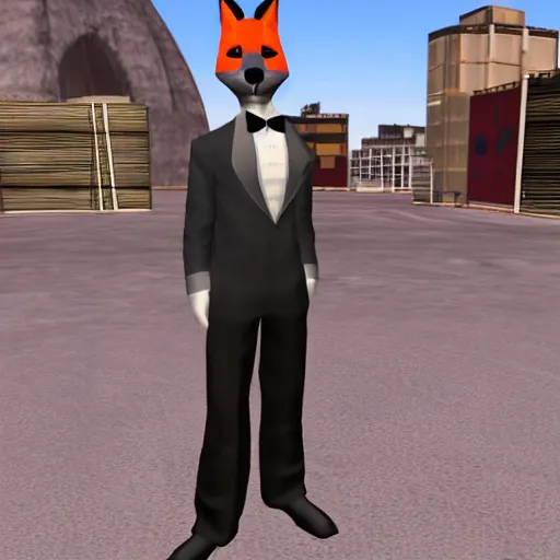 Image similar to Second Life game screenshot portrait of an anthropomorphic male fox dressed up for gyc night club