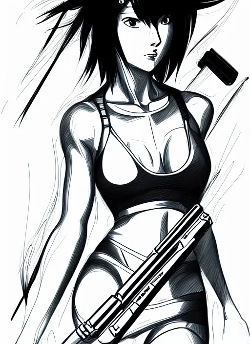 Prompt: digital pen lineart sketch of a motoko kusanagi, by gnomon