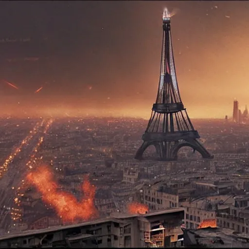 Prompt: A beautiful intricate 8K award-winning ground-level cinematic movie photograph of the future apocalyptic Eiffel Tower surrounded by corporate billboards, destroyed and decaying. in the year 2043, by Bruno Delbonnel and greg rutkowski. Arri Alexa 65, IMAX 70mm footage. Dirty billboards. Cinematic lighting