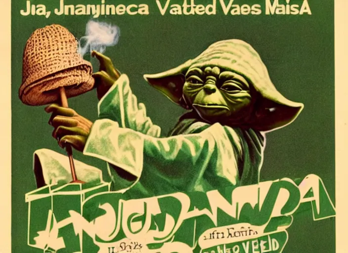 Image similar to vintage travel advertisement for jamaica, of yoda made out of green cannabis sativa, smoking a bong