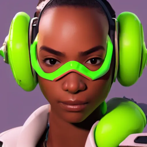Prompt: female lucio, in-game portrait, 3D model, made by blizzard, overwatch, trending on artstation, sharp focus, highly detailed, skin, official