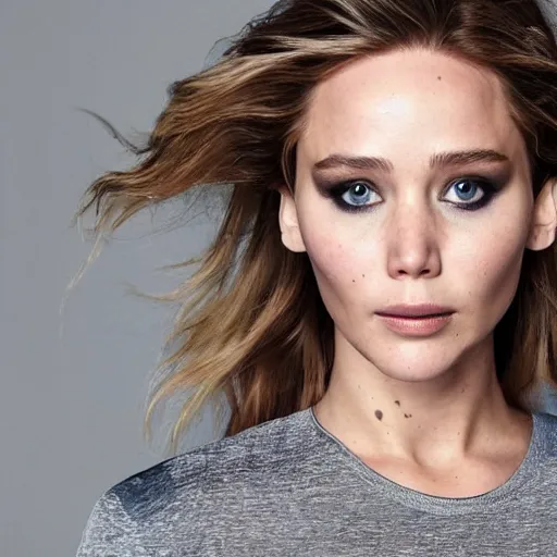 Image similar to a woman who is a genetic combination of jennifer lawrence and elizabeth olsen face and upper - body focus