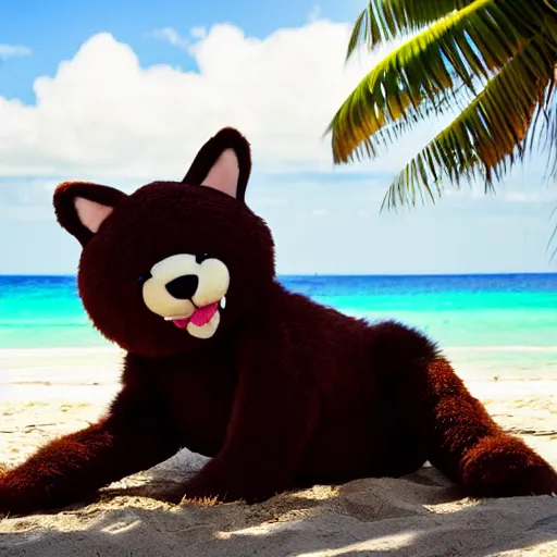 Image similar to an adorable fierce furry chubby monster with long floppy rabbit ears teddy bear body and wolf legs, Smiling at the camera with a mischievous grin, happy lighting, at a tropical beach