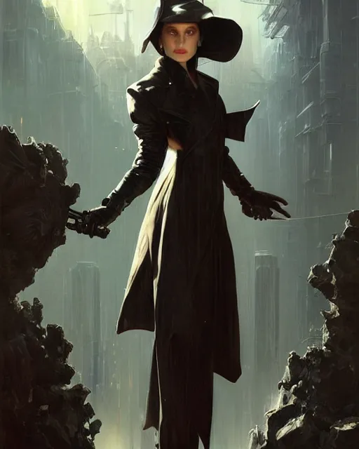 Image similar to beautiful fantasy character portrait, natalie portman, wearing oversized black trench coat, ultra realistic, wide angle, dramatic lighting, vultures, cyberpunk artifacts, highly detailed by peter mohrbacher, hajime sorayama, wayne barlowe, boris vallejo, aaron horkey, gaston bussiere, craig mullins