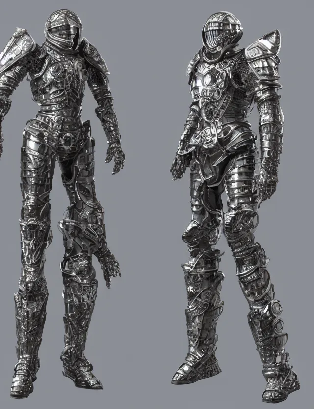 Image similar to full body shot, digital realistic 3 d rendering of a futuristic high tech fused with medieval armor spacepunk intricate armor holy paladin with light powers and intricate head armor, highly detailed, 4 k, hdr, smooth, sharp focus, high resolution, award - winning photo., corona render, substance painter hyper detailed armor. trending on art statation